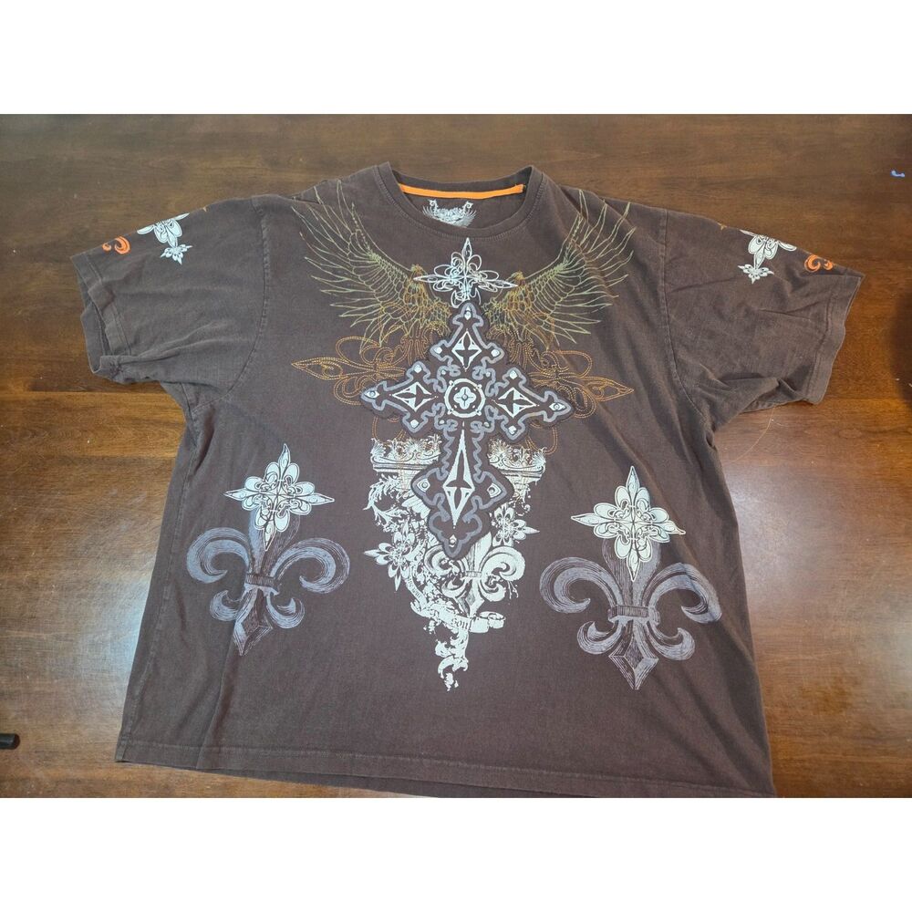 Jinzu Men's 4XL Brown Graphic Eagle Cross T-Shirt Y2K Gothic Hip Hop